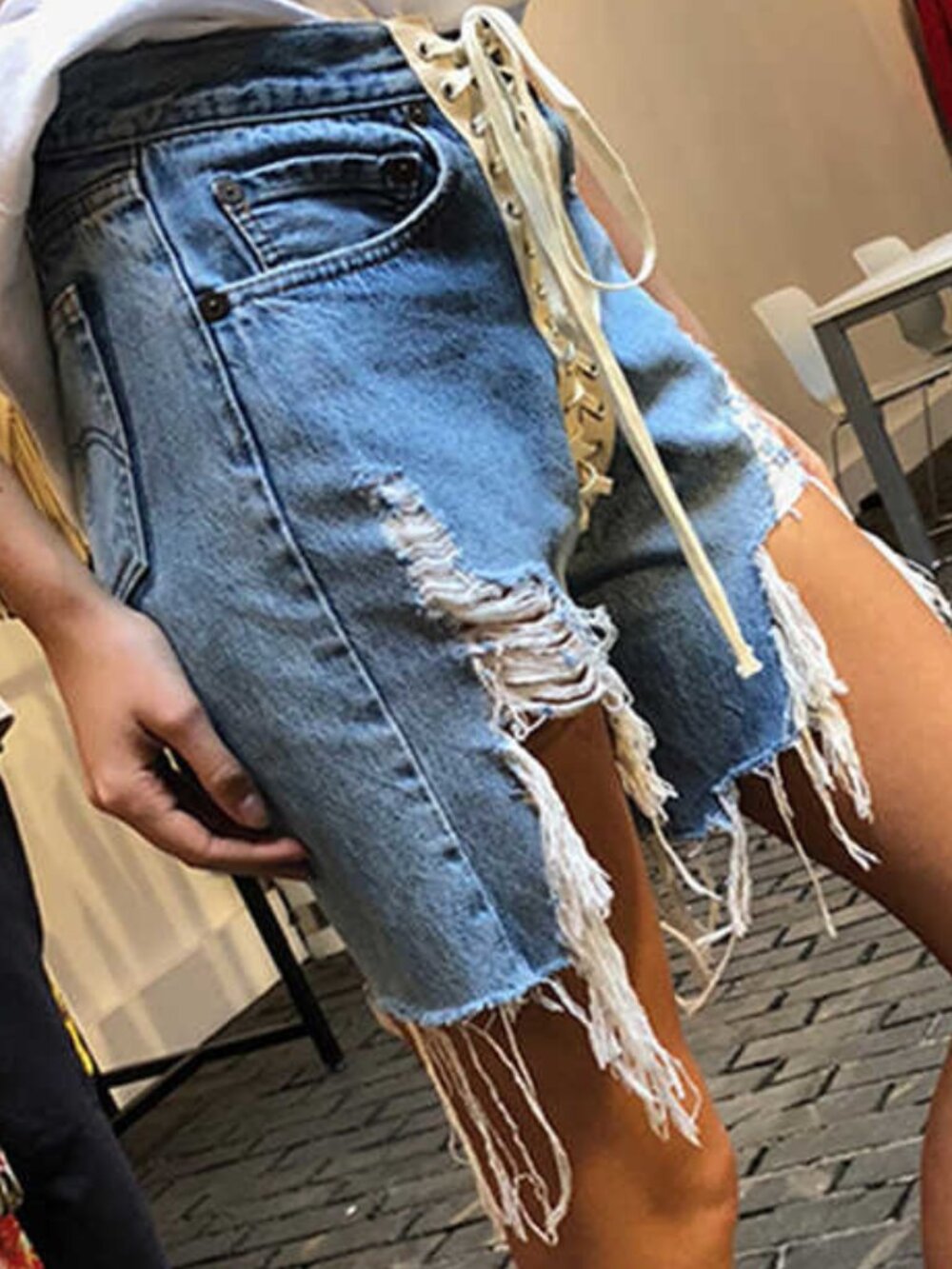 Distressed Shoelace Denim Shorts - Picture 4 of 5